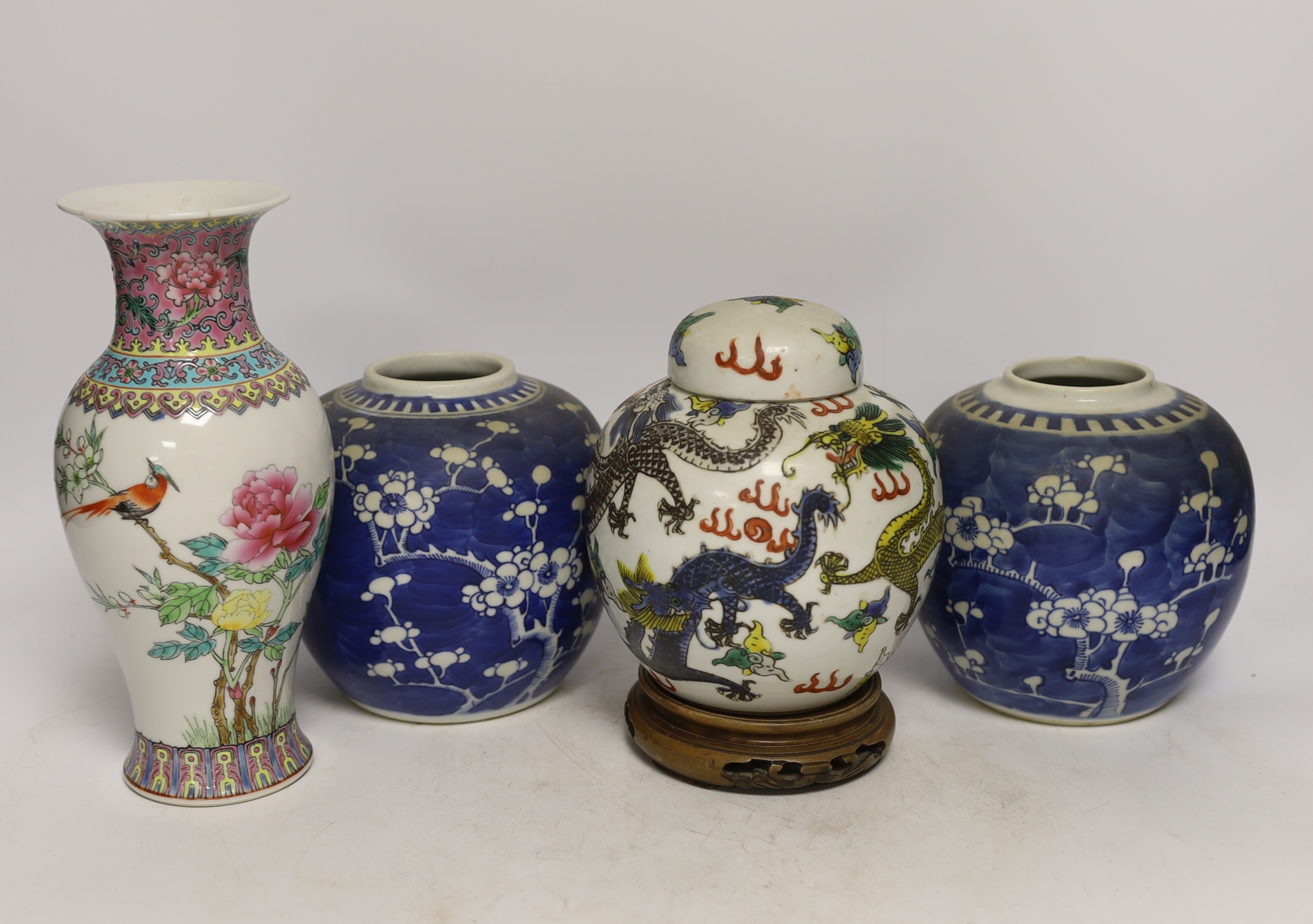 Four Chinese items; a pair of prunus another and a famille rose vase, tallest 20.5cm high